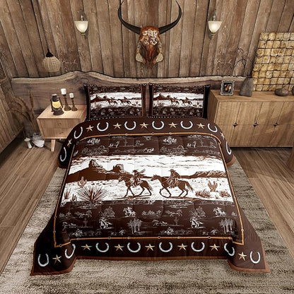 Feelyou Western Aztec Comforter Set Queen Size Horse Cowboy Bedding Set for Boys Men Kids Teens Rustic Western Decor Country Wild West Down Comforter Brown Duvet Set with 2 Pillowcase