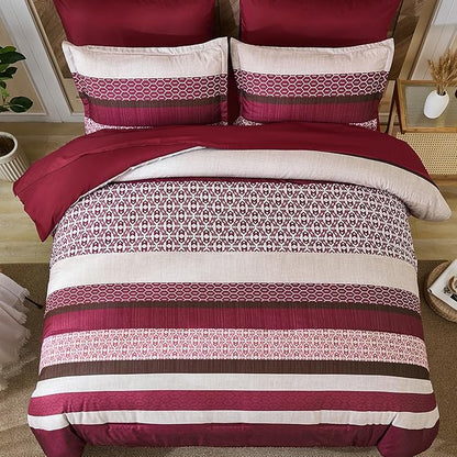 DJY Boho Comforter Set Queen Size,7 Pieces Bed in a Bag Burgundy Red Striped Bedding Sets,Patchwork Soft Microfiber Bedding Set for All Season(90"×90")