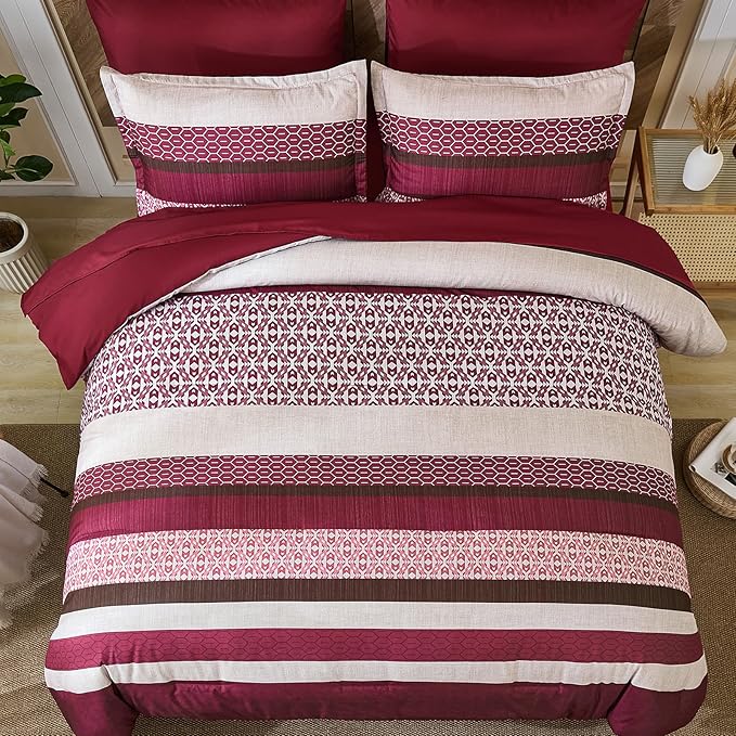 DJY Boho Comforter Set King Size,7 Pieces Bed in a Bag Burgundy Red Striped Bedding Sets,Patchwork Soft Microfiber Bedding Set for All Season(104"x90")