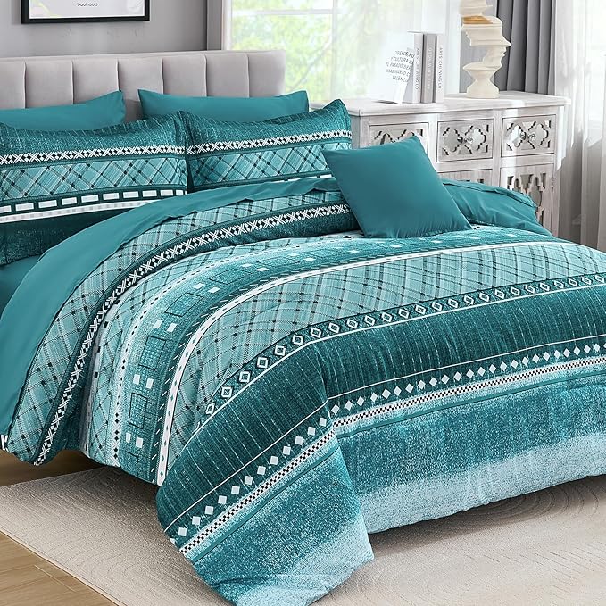 WONGS BEDDING 8 Piece Queen Size Comforter Set, Teal Texture Striped Bed in a Bag Comforter and Sheet Set, Boho Lightweight Microfiber Bedding Set for All Season (90"×90")