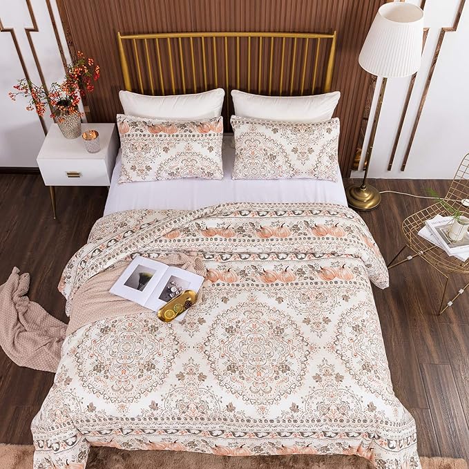 CLOTHKNOW Brown Floral Queen Comforter Set Botanical Bedding Comforter Sets Boho Comforter Pumpkin Comforter Queen with 2 x Pillow Cases