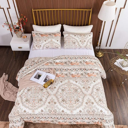 CLOTHKNOW Brown Floral Queen Comforter Set Botanical Bedding Comforter Sets Boho Comforter Pumpkin Comforter Queen with 2 x Pillow Cases