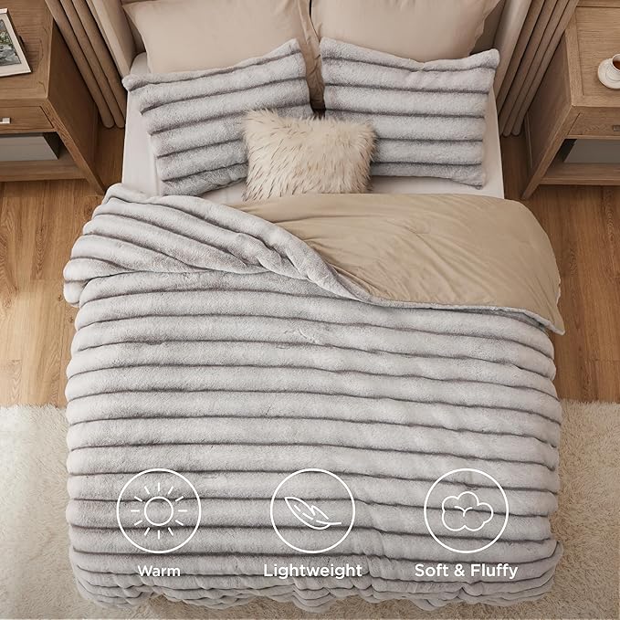 Bedsure Fluffy Comforter Set Queen - Faux Fur Comforter Queen Size Khaki, Soft Shaggy Bedding Comforter Sets, Winter Warm Luxury Fuzzy Bed Set 3 Pieces, 1 Comforter and 2 Pillowcases