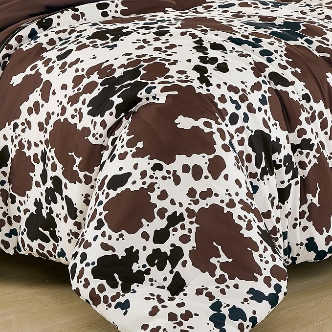 Cow Print Comforter Western theme cowboy Set Milk Cow Print brown black cream color ranch farmhouse rustic lodge Bedding Reversible matching pillow shams included western comforter set queen (Queen)