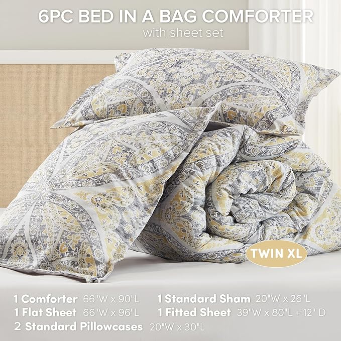 Comfort Spaces Bed in A Bag Comforter Set - Trendy Casual Design Twin XL Comforter with Complete Sheet Set with Side Pocket, All Season Comforter, Shams, Gloria, Twin XL Grey/Yellow 6 Piece