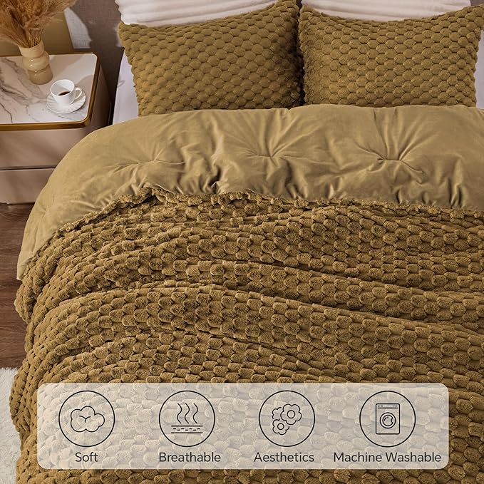 BEDELITE Fluffy Queen Comforter Set - Brown Fleece Soft Comforter for Queen Size Bed, Luxury Warm Bedding Set for Winter, Fuzzy Bed Set 3 Pieces (1 Comforter, 2 Pillowcases)