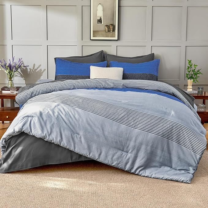 Andency Comforter Set Blue Grey Oversized King(120"x98")- 7 Pieces Striped Lightweight Bed in a Bag, Soft Reversible Bedding Set with Comforter, Fitted & Flat Sheet, Pillowcases & Shams