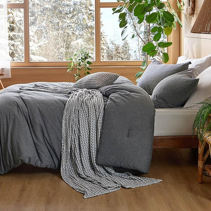Bedsure 5 Pieces Cotton Comforter Set with Cotton Waffle Throw Blanket - Dark Grey Queen Comforter, Pillow Shams, Grey Cooling Blanket of Rayon Derived from Bamboo for Hot Sleepers, Throw Pillow