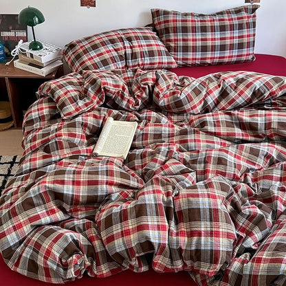 HighBuy Queen Comforter Set Modern Style Red Gingham Comforter with Geometric Plaid Pattern,3 Piece Checkered Printed Bedding Comforter with 2 Pillowcases,Fluffy Lightweight Gingham Bedding Set