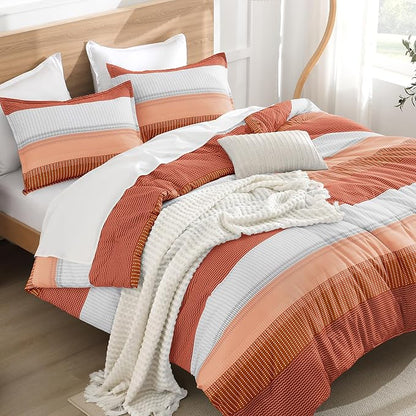 Litanika Burnt Orange Comforter Sets for Queen Bed, 3 Pieces Boho Terracotta Stripe Colorblock Bedding Comforter Set, Rust Fluffy Bed Set (90x90In Comforter, 2 Pillowcases)