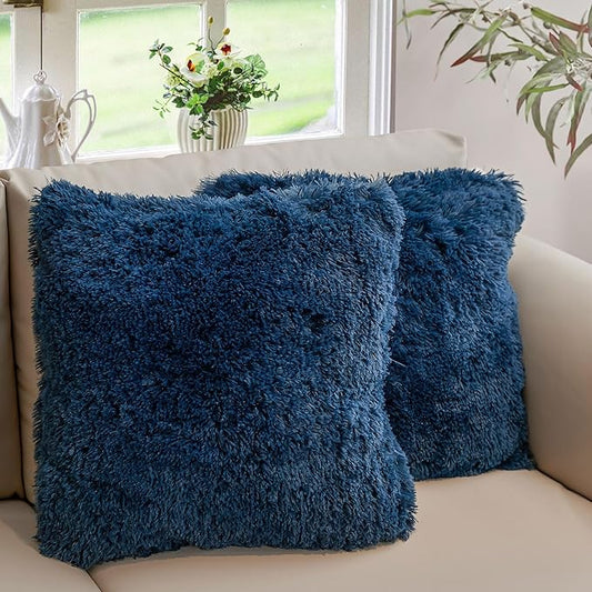 Cheer Collection Throw Pillows for Couch and Bed, Soft Shaggy Throw Pillows with Inserts Included, Cozy Long Hair Faux Fur Pillows - Set of 2-24" x 24" Navy
