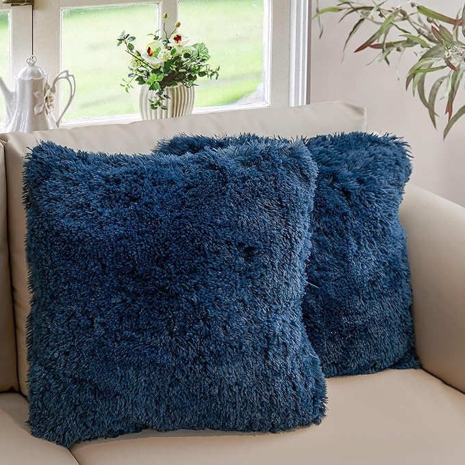 Cheer Collection Throw Pillows for Couch and Bed, Soft Shaggy Throw Pillows with Inserts Included, Cozy Long Hair Faux Fur Pillows - Set of 2-22" x 22" Navy