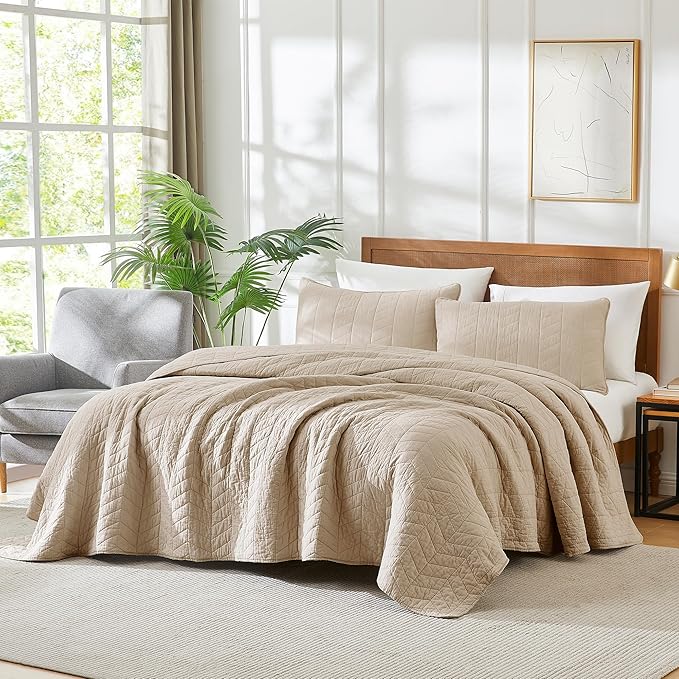palassio Dark Beige Cotton Quilt California Cal King Size Bedding Sets with Pillow Shams,Oversized Lightweight Soft Bedspread Coverlet, Cozy Bed Cover for All Season, 3 Pieces, 118x106 inches