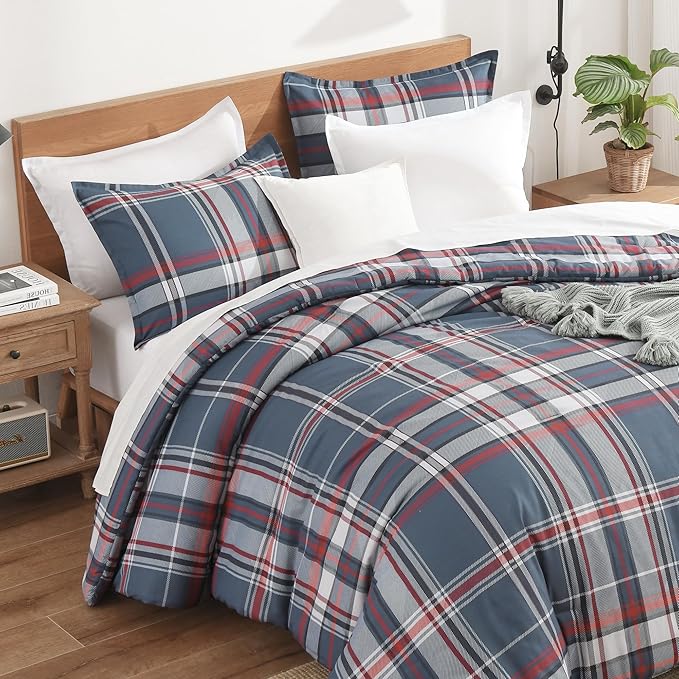 Andency Navy Red Plaid Comforter Set Twin(66x90 Inch), 2 Pieces Grid Gingham Stripes Bedding Comforter Sets for Boys Girls Kids Teens, Preppy Geometric Line Soft Lightweight Reversible Bed Set as Gift