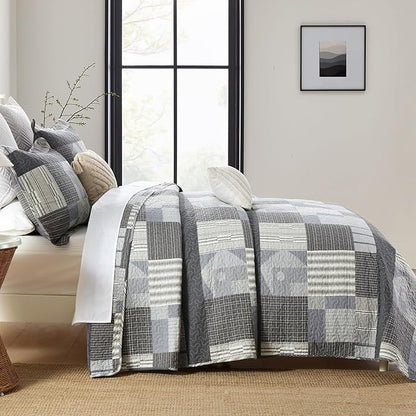 Homzard Grey Comforter Set,Cotton Plaid Striped Quilts Queen Size for The Bed,Reversible Geometric Queen Size Bedspread with 2 Pillow Shams,Lightweight 3 Piece Bedding All Season