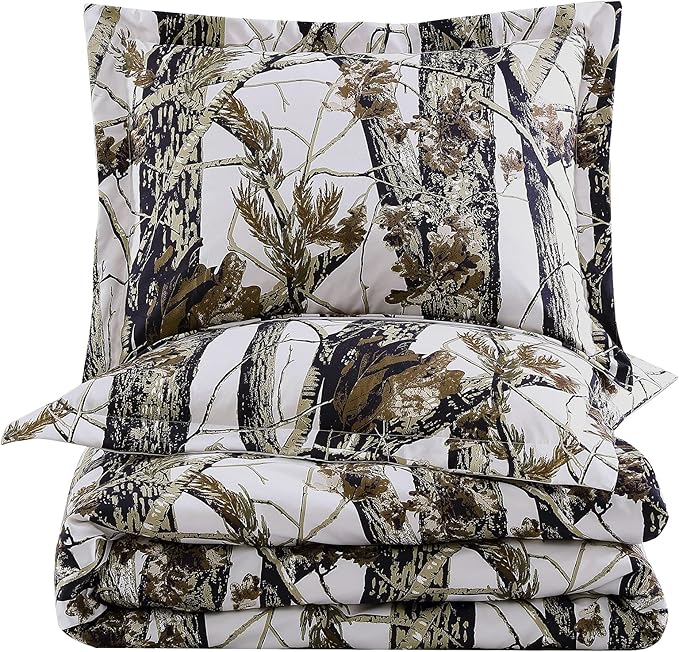 Chezmoi Collection Salem 3-Piece Cabin Lodge Forest Woods Comforter Set - Nature Camo Tree Leaves Printed Soft Microfiber Bedding - White, Full