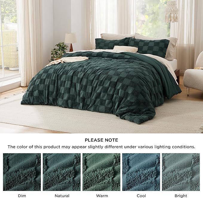 Bedsure Twin/Twin XL Comforter Set Emerald, Boho Tufted Bed Set, Checkered Farmhouse Shabby Chic Bedding, 2 Pieces, 1 Plaid Geometric Comforter and 1 Pillow Sham