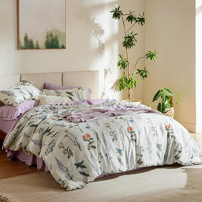 Bedsure Comforter Set Full Size - Cute Floral Bedding Comforter Set, 3 Pieces, 1 Soft Reversible Coconut White Botanical Flowers Comforter and Pillow Shams