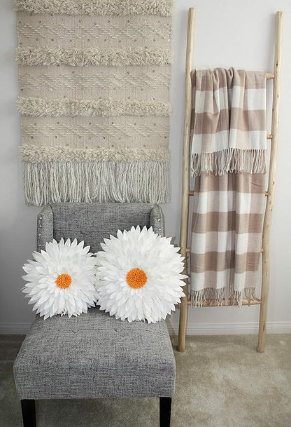 3D Daisy Flower Decorative Pillow - Sunflower Throw for Couch & Bed - Shaped Cushion (14.5" Flower, 13" With Insert, Ivory/Gold)