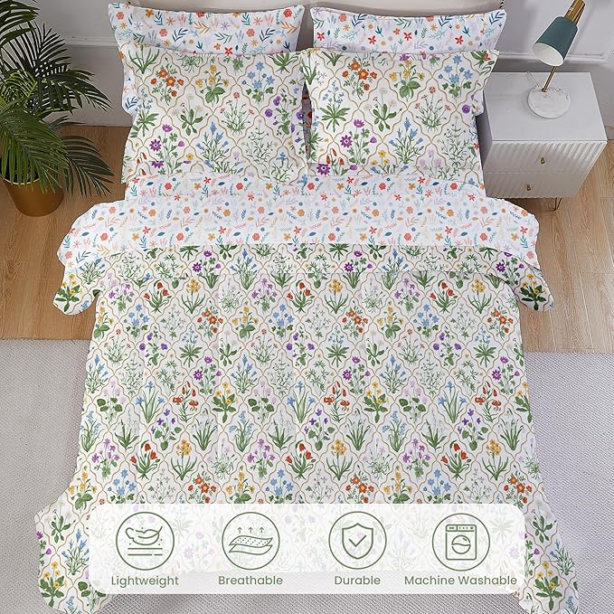 Floral Queen Comforter Set with Sheets, 7 Piece Luxury Vintage Bedding, Soft Microfiber Bed in a Bag, Cozy Lightweight Bed Set, Green Patchwork Flower Leaf