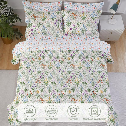 Floral Queen Comforter Set with Sheets, 7 Piece Luxury Vintage Bedding, Soft Microfiber Bed in a Bag, Cozy Lightweight Bed Set, Green Patchwork Flower Leaf