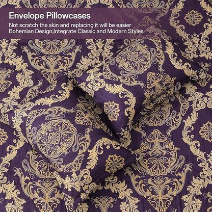 WONGS BEDDING Purple Comforter Set Queen Size,Damask Texture 7 Pieces Bed in a Bag Microfiber Comforter Bedding Sets -1 Comforter, 1 Flat Sheet, 1 Fitted Sheet, 2 Pillow Shams, 2 Pillowcases