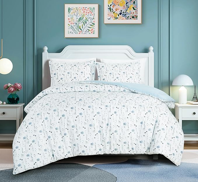 Chezmoi Collection Fran 2-Piece Boho Floral Comforter Set, Twin - Blue White Poppy Flower Watercolor Printed Microfiber Lightweight Bedding Set