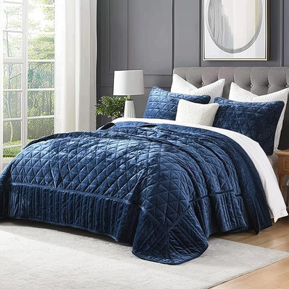 Homzard Velvet California King Size Quilt, Oversized California Comforter Set Navy Blue Bedding Set (118”*106”) with 2 Pillow Shams, Patchwork Bedspread Set, Lightweight Bedding Coverlet 3 Piece