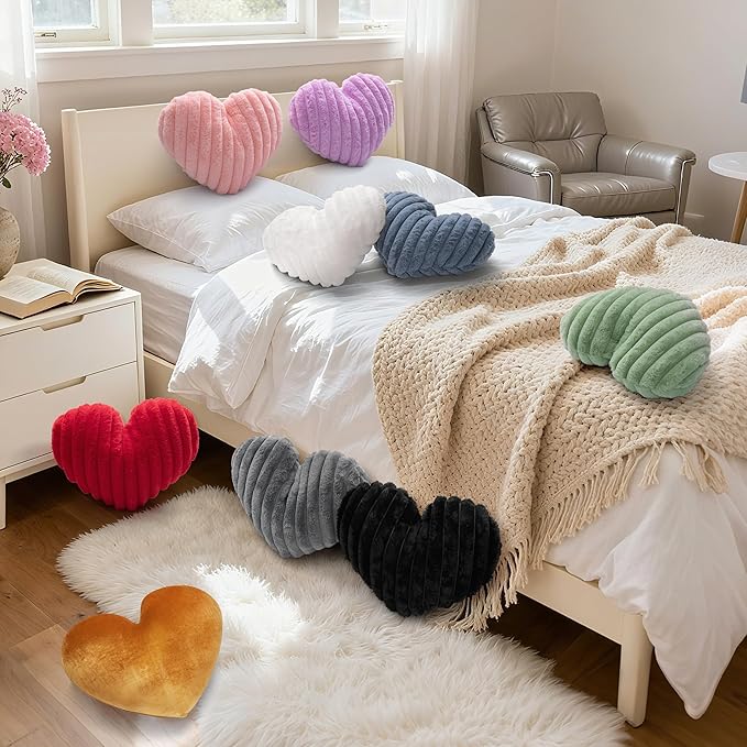16 Inch Grey Heart Pillow Cute Soft Valentines Decorative Throw Pillows, Heart Shaped Fluffy Faux Fur Pillows Cushions for Couch Chair Bed Bedroom Room Home Decor Aesthetic (1, Gray, Medium-16"x13")