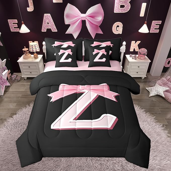 jejeloiu Kawaii Pink Bow Full Comforter Set with Sheets,Gifts for Women Teen Girl,Monogrammed 7 Piece Bedding Set,Soft Personalized Initial Letter Z Bed in a Bag with Comforter,Sheets,Pillowcases