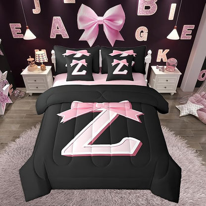 jejeloiu Kawaii Pink Bow Queen Comforter Set with Sheets,Gifts for Women Teen Girl,Monogrammed 7 Piece Bedding Set,Soft Personalized Initial Letter Z Bed in a Bag with Comforter,Sheets,Pillowcases