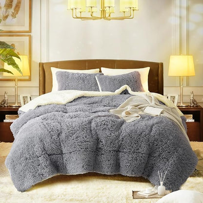 Flysheep Luxury Faux Fur King Size Winter Comforter Set Shaggy Velvet Gray Long Hair, 3 Pieces Plush Flannel Sherpa Backing Reversible Soft Microfiber Super Warm Bedding Set for Holiday