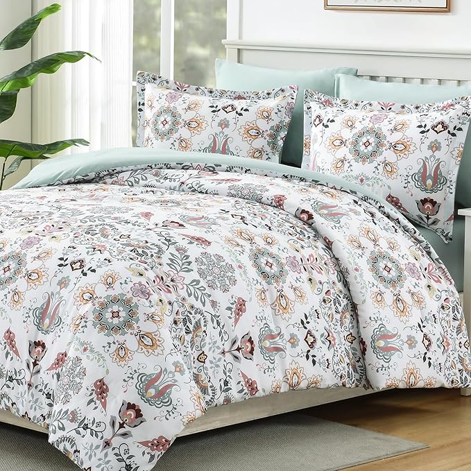 Boho Comforter Set Queen - 7 Pieces Bed in a Bag Floral Design, Bohemian Comforter Set with Sheets, Soft Microfiber Complete Bedding Sets All Season (Light Green, Queen)