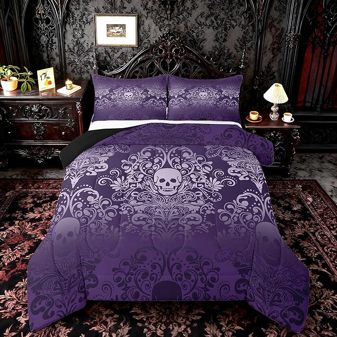 Feelyou Adults Gothic Skull Bedding Set Twin Size Kids Damask Print Comforter Goth Bohemian Duvet Breathable Soft Lightweight Microfiber Purple Room Decor with 1 Pillowcase