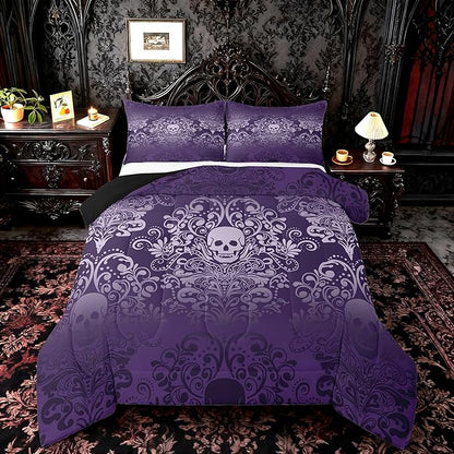 Feelyou Adults Gothic Skull Bedding Set King Size Kids Damask Print Comforter Goth Bohemian Duvet Breathable Soft Lightweight Microfiber Purple Room Decor with 2 Pillowcases