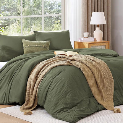 WRENSONGE Super King Plus Comforter Set - 3 Pieces Prewashed Olive Green Comforter Soft Lightweight for All Seasons,Down Alternative Comforters Super King Plus Size with 2 Pillow Shams