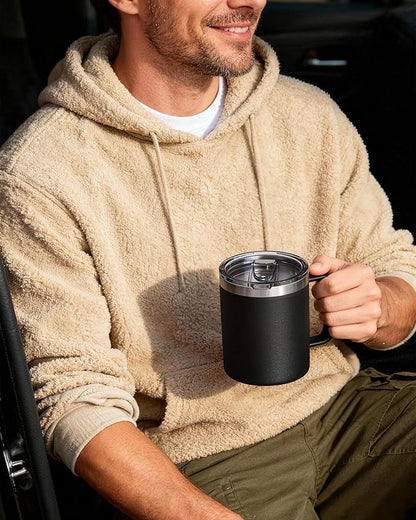 8 Pack 12oz Insulated Coffee Mug with Lid – Double Wall Stainless Steel Travel Cups with Handle, Keep Hot & Cold Drinks, Ideal Gift for Coffee Lovers, Home, Office & Camping, Black