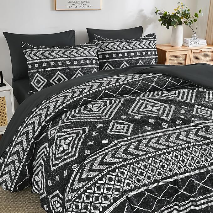 Yiran Boho Twin Comforter Set with Sheets, 6 Piece Black Comforter Bedding Set, Aztec Bed in a Bag, Soft Microfiber Bohemian Striped Complete Bedding Set with Sheets for All Season