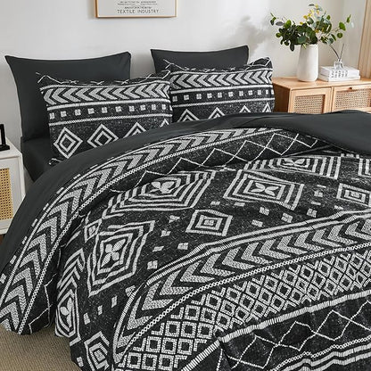 Yiran Boho Twin Comforter Set with Sheets, 6 Piece Black Comforter Bedding Set, Aztec Bed in a Bag, Soft Microfiber Bohemian Striped Complete Bedding Set with Sheets for All Season