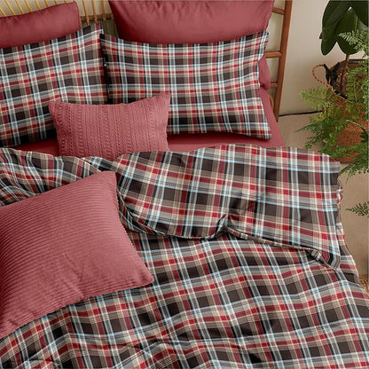 Nayoroom Plaid Comforter Set Queen Size Vintage Red Brown Gingham Checkered Tartan Comforter 3 Pieces Soft Lightweight Farmhouse Dorm Bedding Set for All Seasons
