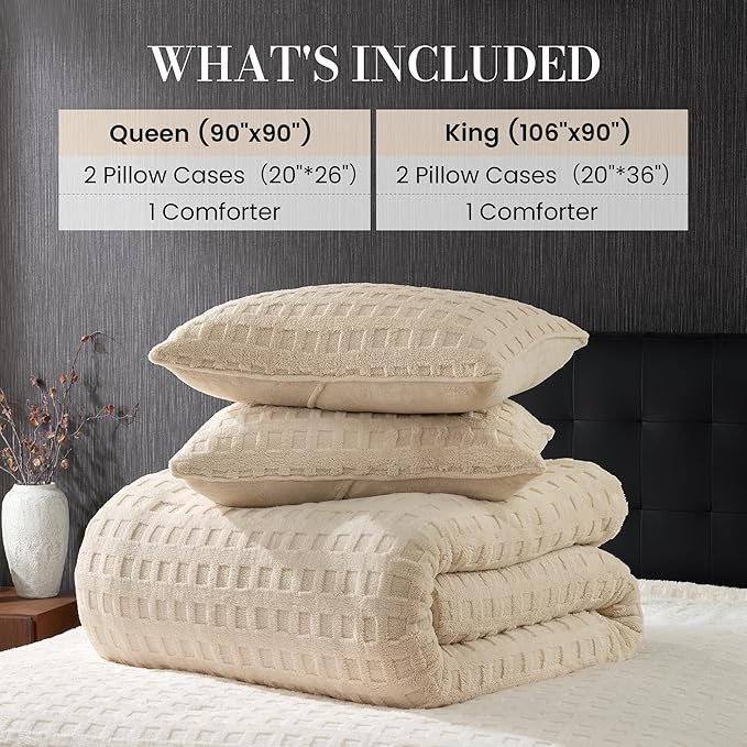 Amélie Home Waffle Comforter King Size Set, Khaki Fleece Beding Set, Fluffy Plush Bedding Set for Winter，Super Soft Warm,3 Pieces, 1 Cozy Comforter and 2 Pillowcases