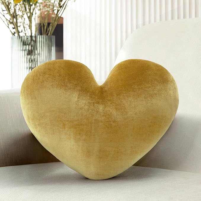 16 Inch Gold Heart Pillow Decorative Throw Pillows, Heart Shaped Soft Fluffy Cute Pillows Cushions for Valentines Wedding Couch Chair Bed Bedroom Room Home Decor Aesthetic (1, Gold, Medium-16"x13")
