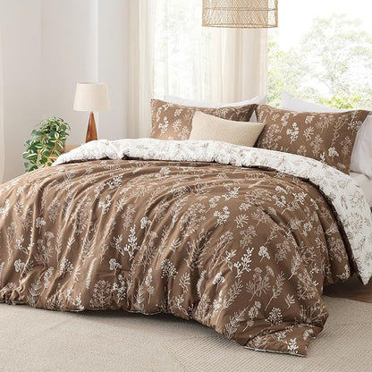 Bedsure Twin/Twin XL Comforter Set - Brown Bed Set, 2 Pieces Cute Floral Bedding, 1 Soft Reversible Botanical Flowers Comforter and 1 Pillow Shams