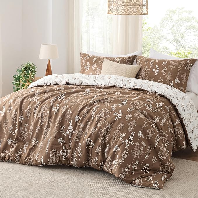 Bedsure Full Comforter Set - Brown Bed Set, 3 Pieces Cute Floral Bedding, 1 Soft Reversible Botanical Flowers Comforter and 2 Pillow Shams