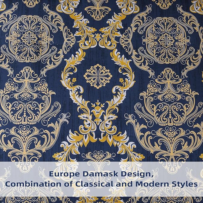 WONGS BEDDING Blue Gold Comforter Set King Size, Damask Texture 7 Pieces Bed in a Bag Microfiber Comforter Bedding Sets -1 Comforter, 1 Flat Sheet, 1 Fitted Sheet, 2 Pillow Shams, 2 Pillowcases
