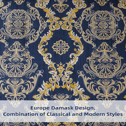 WONGS BEDDING Blue Gold Comforter Set King Size, Damask Texture 7 Pieces Bed in a Bag Microfiber Comforter Bedding Sets -1 Comforter, 1 Flat Sheet, 1 Fitted Sheet, 2 Pillow Shams, 2 Pillowcases