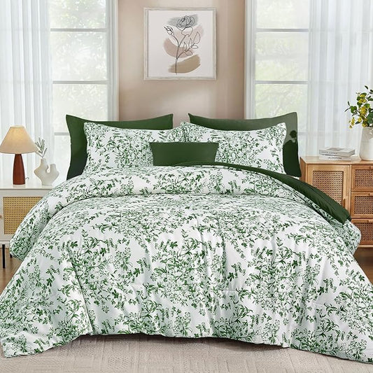 WONGS BEDDING Queen Size Comforter Set, 8 Pieces Emerald Floral Bed in a Bag Comferter Sets, Botanical Print Soft Fluffy Microfiber Complete Bedding Sets for All Season (90"x90")