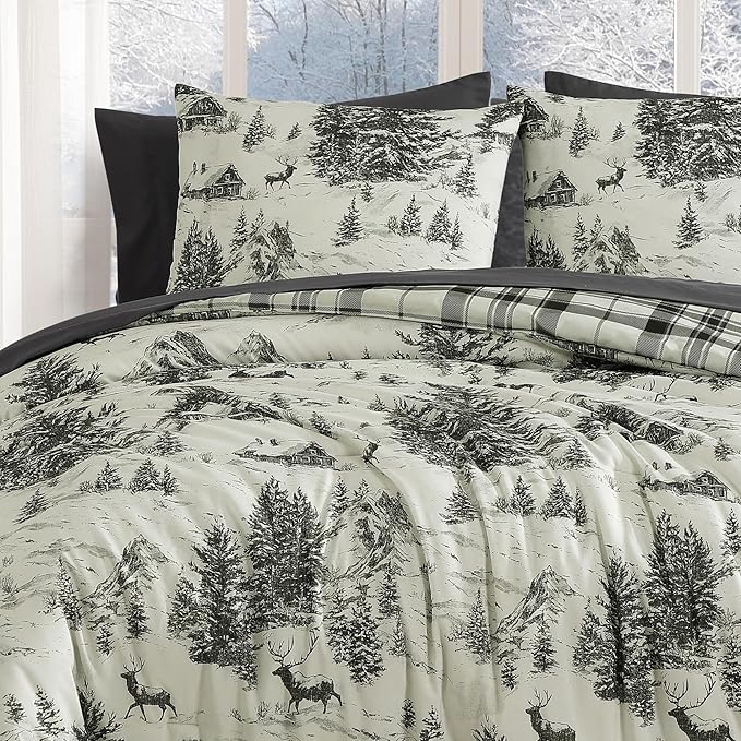 MaiRêve Christmas Full Comforter Sets, Grey Reindeer Tree Bed Set for Holiday, Reversible Gray Plaid Comforter Bed in a Bag, Soft Bedding Set 7 Pieces with Sheets, Pillowcases & Shams