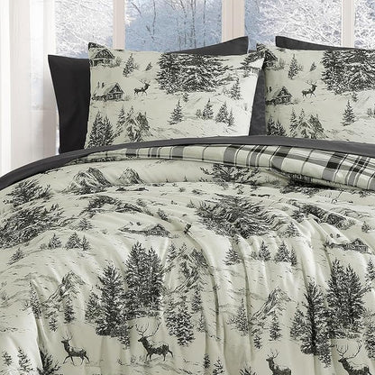 MaiRêve Christmas Full Comforter Sets, Grey Reindeer Tree Bed Set for Holiday, Reversible Gray Plaid Comforter Bed in a Bag, Soft Bedding Set 7 Pieces with Sheets, Pillowcases & Shams