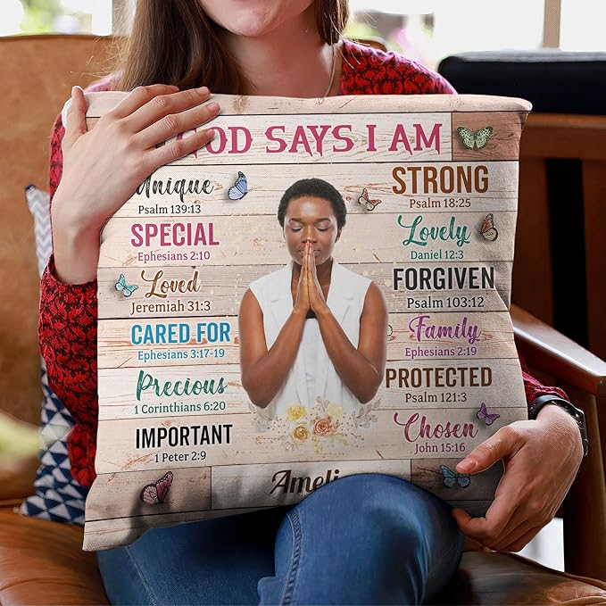Macorner Personalized Photo Pillow (Insert Included) - God Says I Am Unique - Birthday Gifts for Daughter, Son, Kids - Daughter Gifts - Gifts for Nieces, Nephews - Self Care Inspiration Gifts